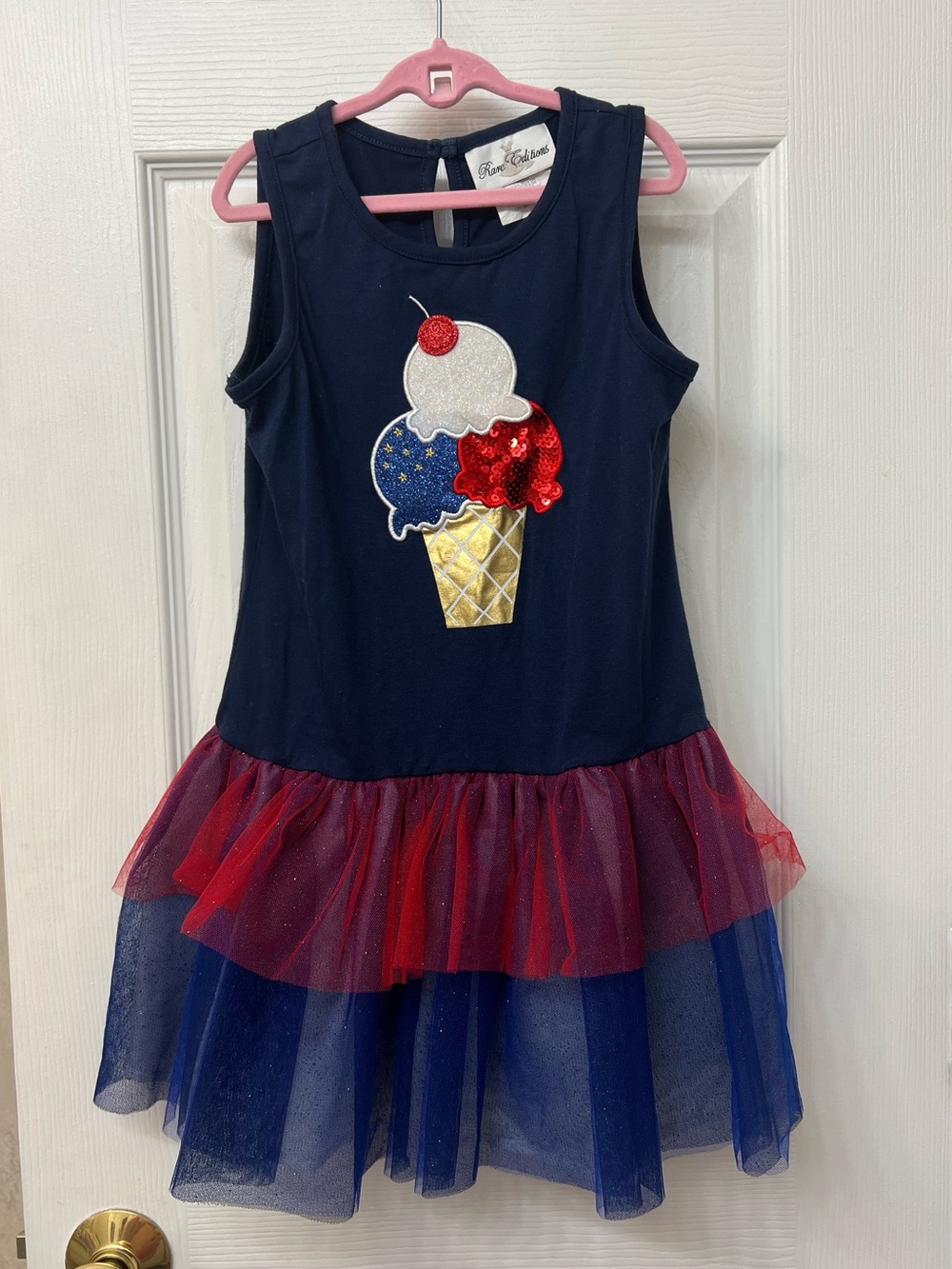 Rare Editions Navy Dress with Red and Blue Tulle and Ice Cream Applique